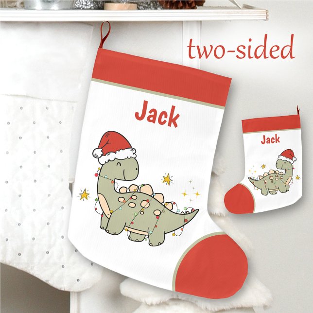 Christmas Dinosaur Santa Hat Name Kids two-sided Large Christmas Stocking (Christmas Dinosaur Santa Hat Name Kids two-sided Large Christmas Stocking)