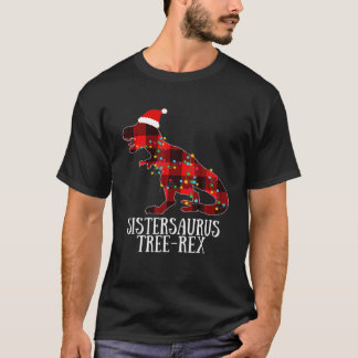 Christmas Dinosaur Santa Plaid Lights Sistersaurus T-Shirt