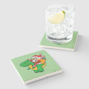 Christmas Dinosaur Santa Riding T Rex Xmas Kids Bo Stone Coaster
