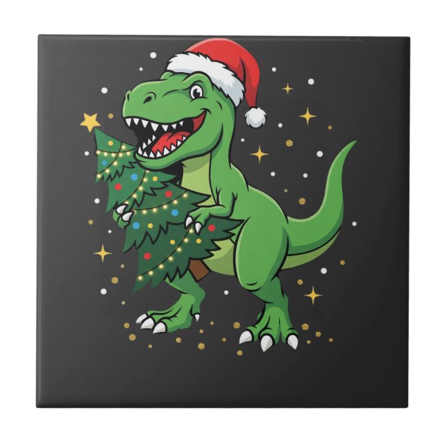 Christmas Dinosaur Santa T Rex Ceramic Tile (Front)