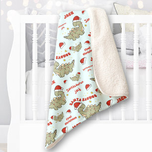 Christmas Dinosaur Santasaurus Name Blue Baby Sherpa Blanket