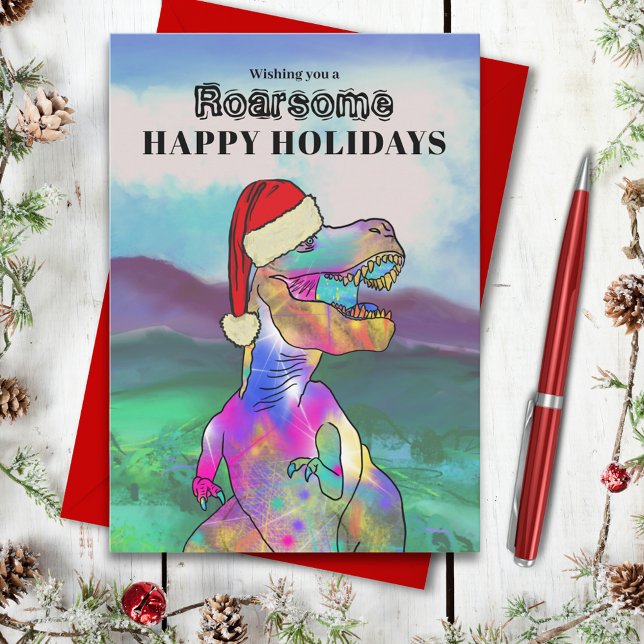 Christmas Dinosaur T-Rex Holiday Card (Christmas dinosaur roarsome happy holidays greetings card with T-Rex wearing a Santa hat)