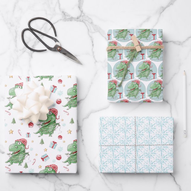 Christmas Dinosaur T-Rex Holiday Wrapping Paper Sheet (Front)