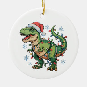 Christmas Dinosaur T Rex Merry Xmas Lights Santa Ceramic Ornament