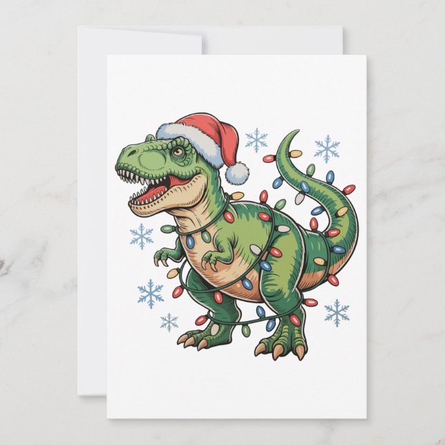 Christmas Dinosaur T Rex Merry Xmas Lights Santa Holiday Card (Front)