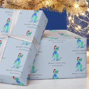 Christmas Dinosaur T-Rex Personalized Boy Blue Wrapping Paper