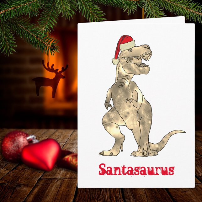 Christmas Dinosaur T-Rex Santa Card (Christmas dinosaur T-Rex Santasaurus funny holiday greetings card)