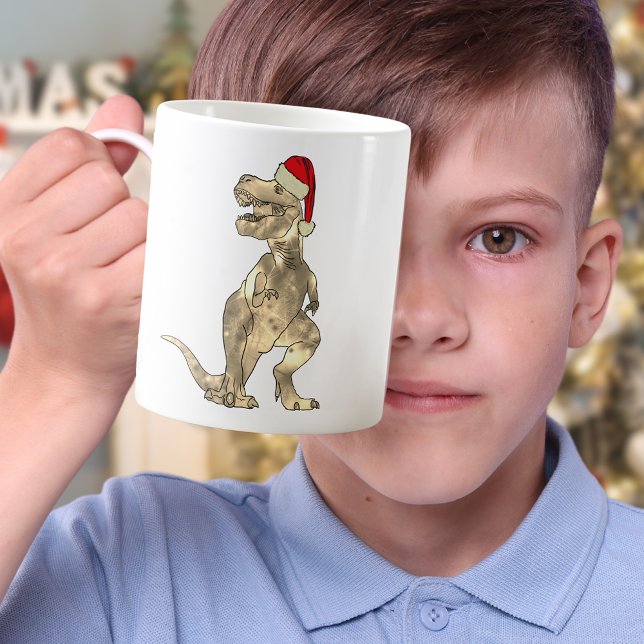 Christmas Dinosaur T-Rex Santa Coffee Mug (Christmas dinosaur T-Rex wearing a Santa hat holiday mug)