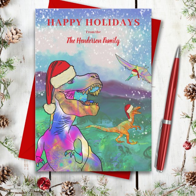 Christmas Dinosaur T-Rex Santa Holiday Card (Christmas dinosaurs wearing santa hats in the snow custom holiday greetings card)