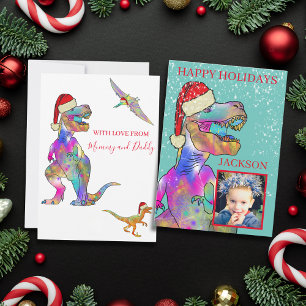 Christmas Dinosaur T-Rex Santa Kids Photo Holiday Card