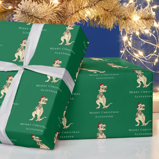 Christmas Dinosaur T-Rex Santa Personalised Green Wrapping Paper (dinosaur merry christmas personalized boy name funny T-Rex santa green gift wrapping paper Jurassic)
