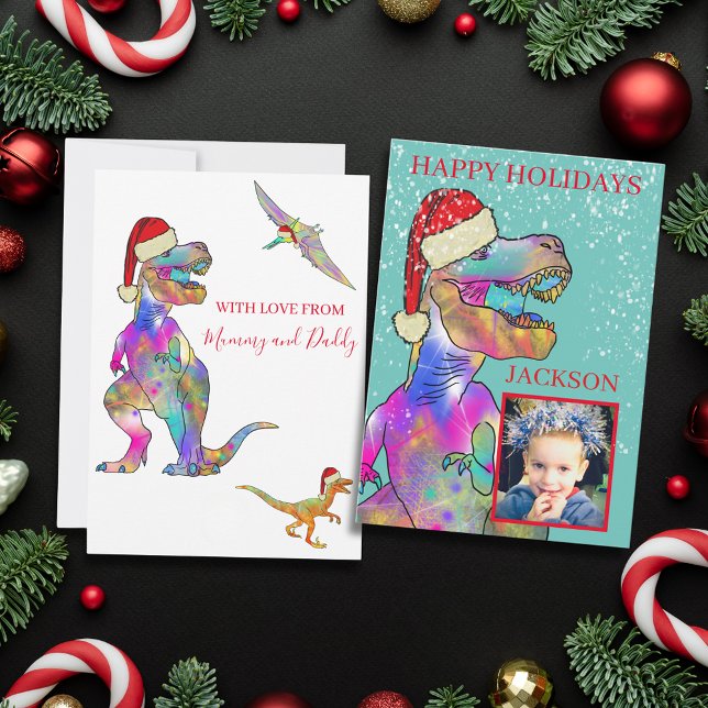 Christmas Dinosaur T-Rex wearing a Santa hat Photo Holiday Card (Christmas dinosaur T-Rex wearing a Santa hat custom photo template holiday greetings card)
