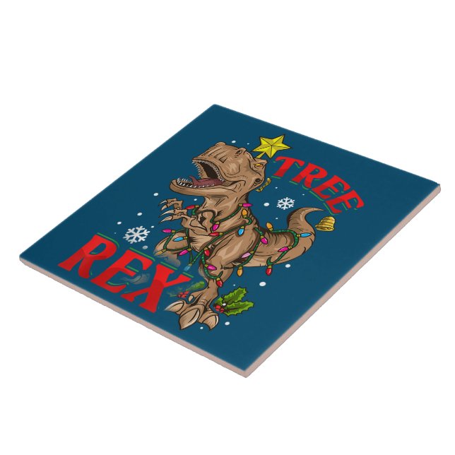 Christmas Dinosaur Tree Rex Lights TRex Xmas Gift Ceramic Tile (Side)