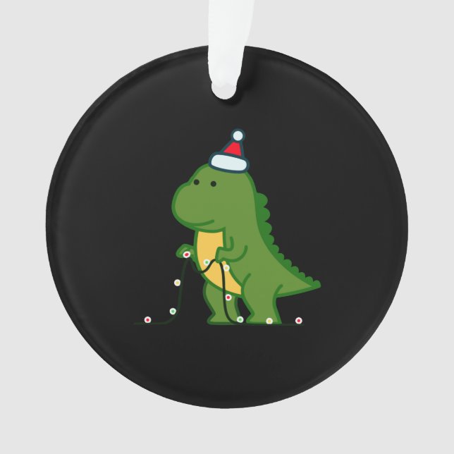 Christmas Dinosaur Tree Rex Putting Up String Ligh Ornament (Front)