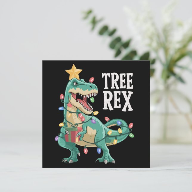 Christmas Dinosaur Tree Rex Pyjamas Xmas Lights  Holiday Card (Standing Front)