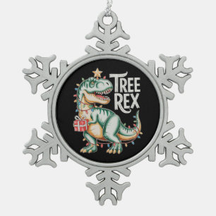 Christmas Dinosaur Tree T Rex Xmas Lights Holiday Snowflake Pewter Christmas Ornament