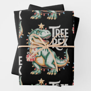 Christmas Dinosaur Tree T Rex Xmas Lights Holiday Wrapping Paper Sheet