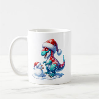 Christmas dinosaur with cute snowman, fantasy coffee mug