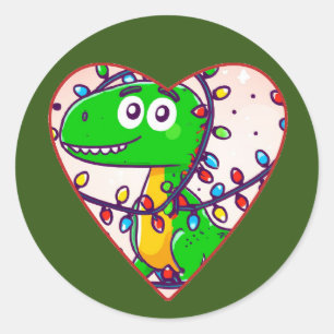 Christmas dinosaur wrapped in lights cartoon fun classic round sticker