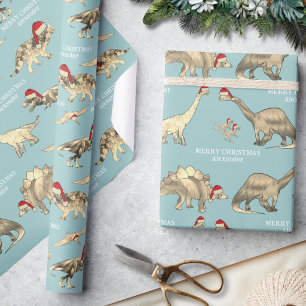 Christmas Dinosaurs Custom Name Ice Blue Wrapping Paper