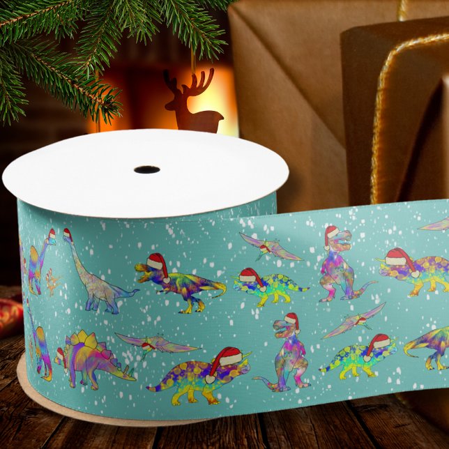 Christmas Dinosaurs in Santa Hats Satin Ribbon (Christmas dinosaurs in the snow colorful wrapping ribbon)