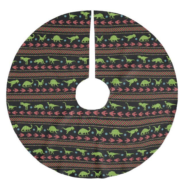 Christmas Dinosaurs Knit Embroidered Fair Isle Brushed Polyester Tree Skirt (Front)