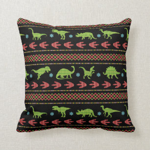 Christmas Dinosaurs Knit Embroidered Fair Isle Cushion