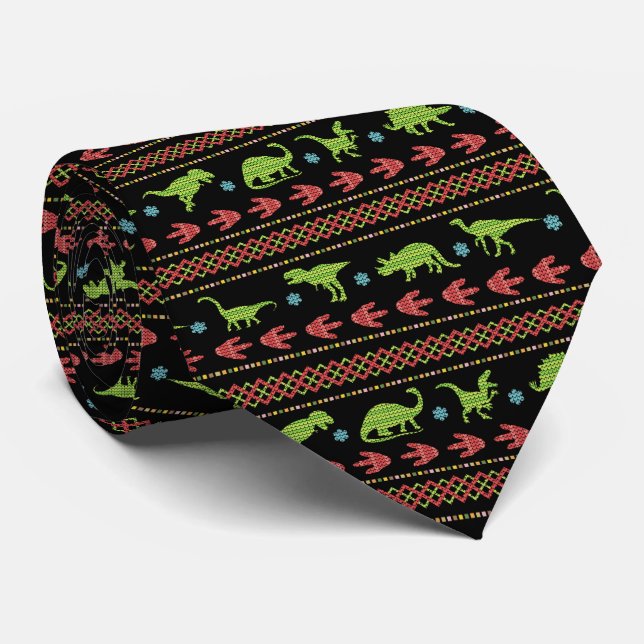 Christmas Dinosaurs Knit Embroidered Fair Isle Tie (Rolled)