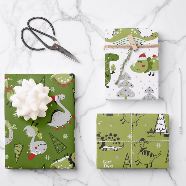 Christmas Dinosaurs Wrapping Paper Set of 3 (Front)