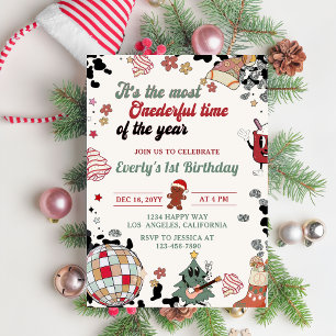 Christmas Disco Ball Onederful Birthday  Invitation
