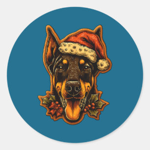 Christmas Doberman Dog With Santa Hat Gingerbread Classic Round Sticker