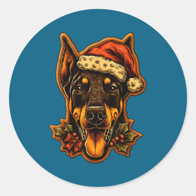 Christmas Doberman Dog With Santa Hat Gingerbread  Classic Round Sticker (Front)