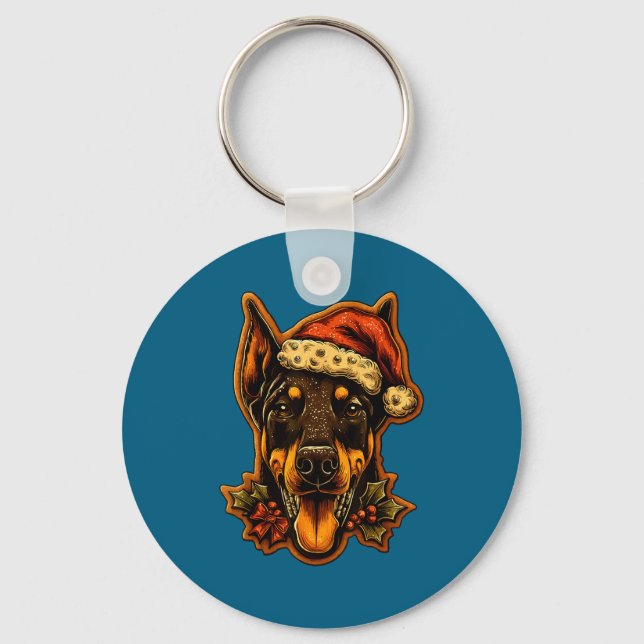 Christmas Doberman Dog With Santa Hat Gingerbread  Key Ring (Front)