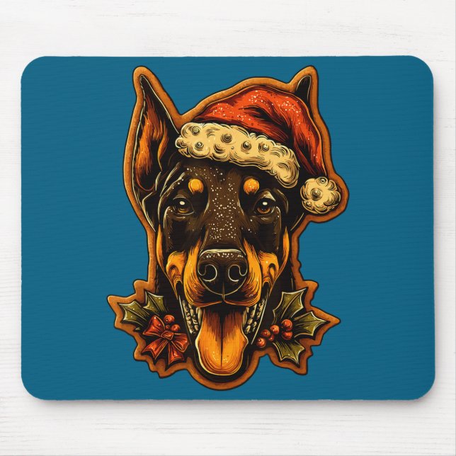 Christmas Doberman Dog With Santa Hat Gingerbread  Mouse Pad (Front)