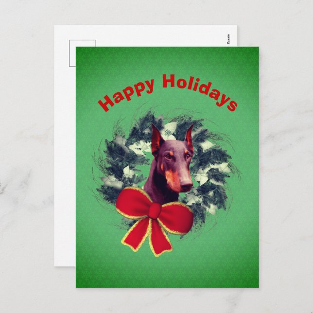 Christmas Doberman Wreath Bow Holiday Postcard (Front/Back)