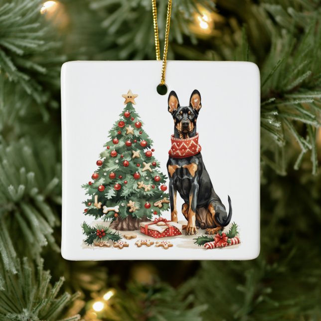 Christmas Dobermann Dogs Ceramic Ornament (Tree)