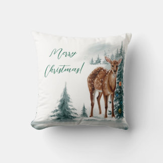 Christmas Doe Girl in Watercolor Cushion