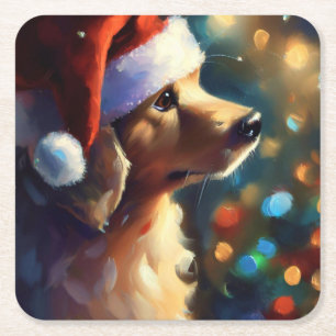 Christmas Dog 3 Square Paper Coaster