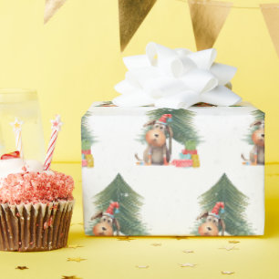 Christmas Dog and Pine Tree In Snowflakes Wrapping Paper