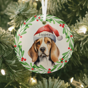 Christmas Dog Beagle Santa Hat Holiday home decor Glass Tree Decoration