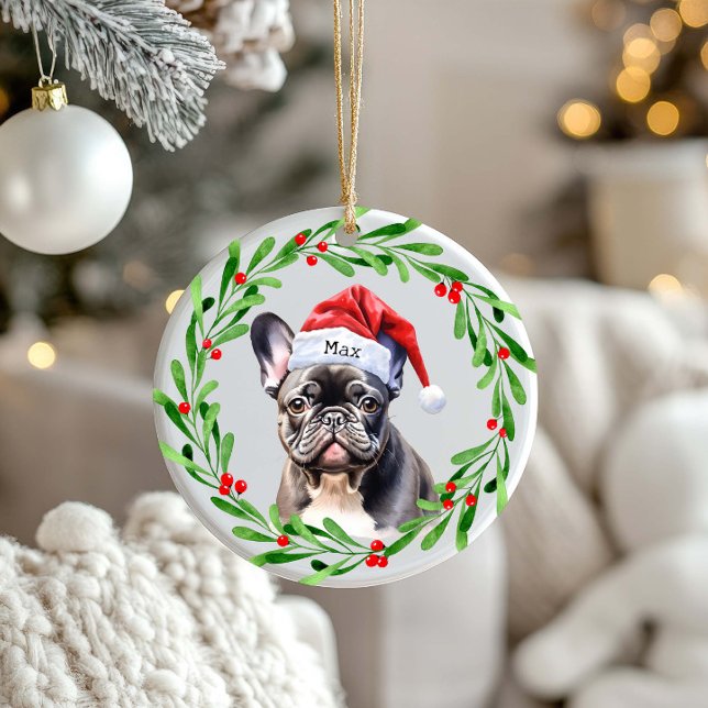 Christmas Dog Black Frenchie French Bulldog Santa Ceramic Ornament (Creator Uploaded)