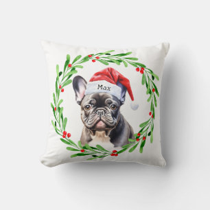 Christmas Dog Black Frenchie French Bulldog Santa Cushion