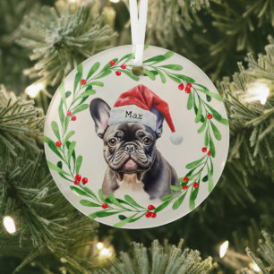 Christmas Dog Black Frenchie French Bulldog Santa Glass Tree Decoration