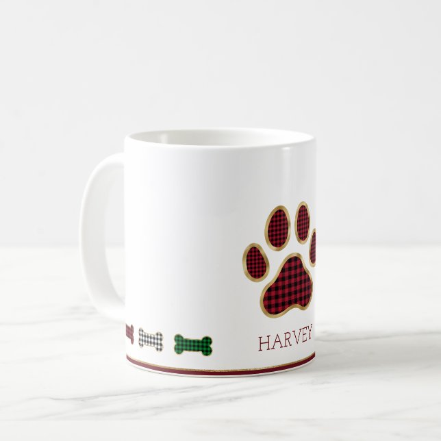 Christmas Dog Bone Paw Print Buffalo Plaid Check Coffee Mug (Front Left)