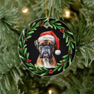 Christmas Dog Boxer Santa Hat Holiday Ceramic Ornament