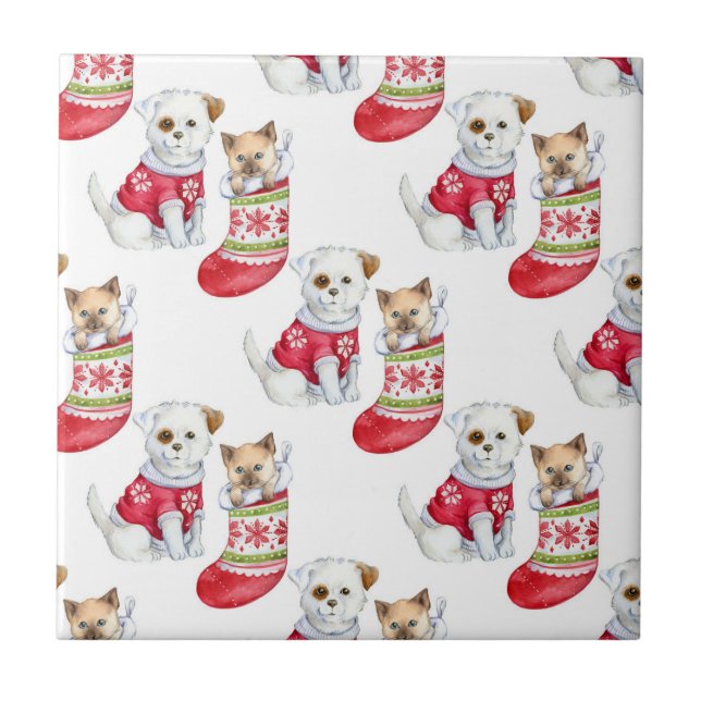 Christmas Dog & Cat Ceramic Tile (Front)