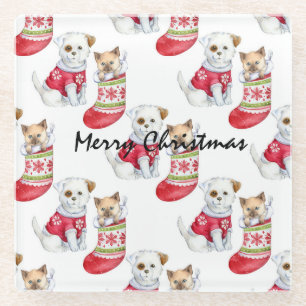 Christmas Dog & Cat Stockings Glass Coaster
