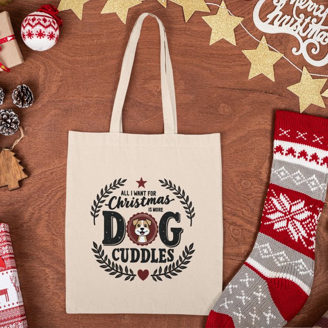 Christmas Dog Cuddles Typography Tote Bag (Creator Uploaded)