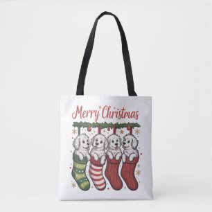 Christmas Dog Cute Puppies in Stockings Retro Xmas Tote Bag
