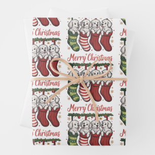 Christmas Dog Cute Puppies in Stockings Retro Xmas Wrapping Paper Sheet